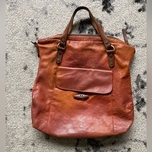 Marco Buggiani rust Italian leather boho tote bag with patina, plaid interior
